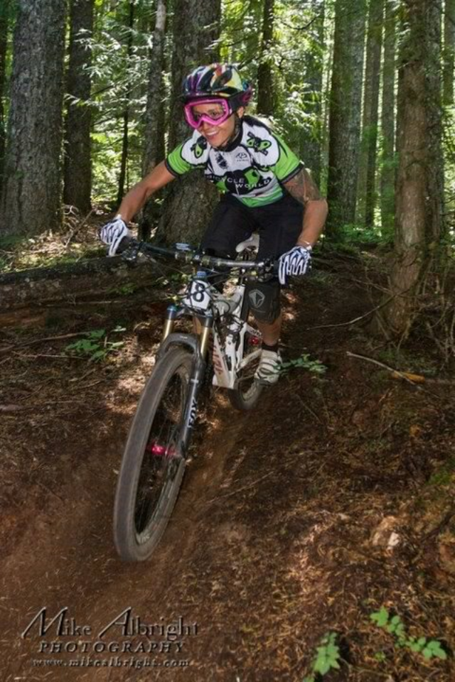 carolynn romaine on her way to a podium at hood river enduro